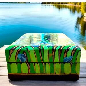 Stunning hand painted floral pattern smooth Kashmiri paper mache jewelry box 5in